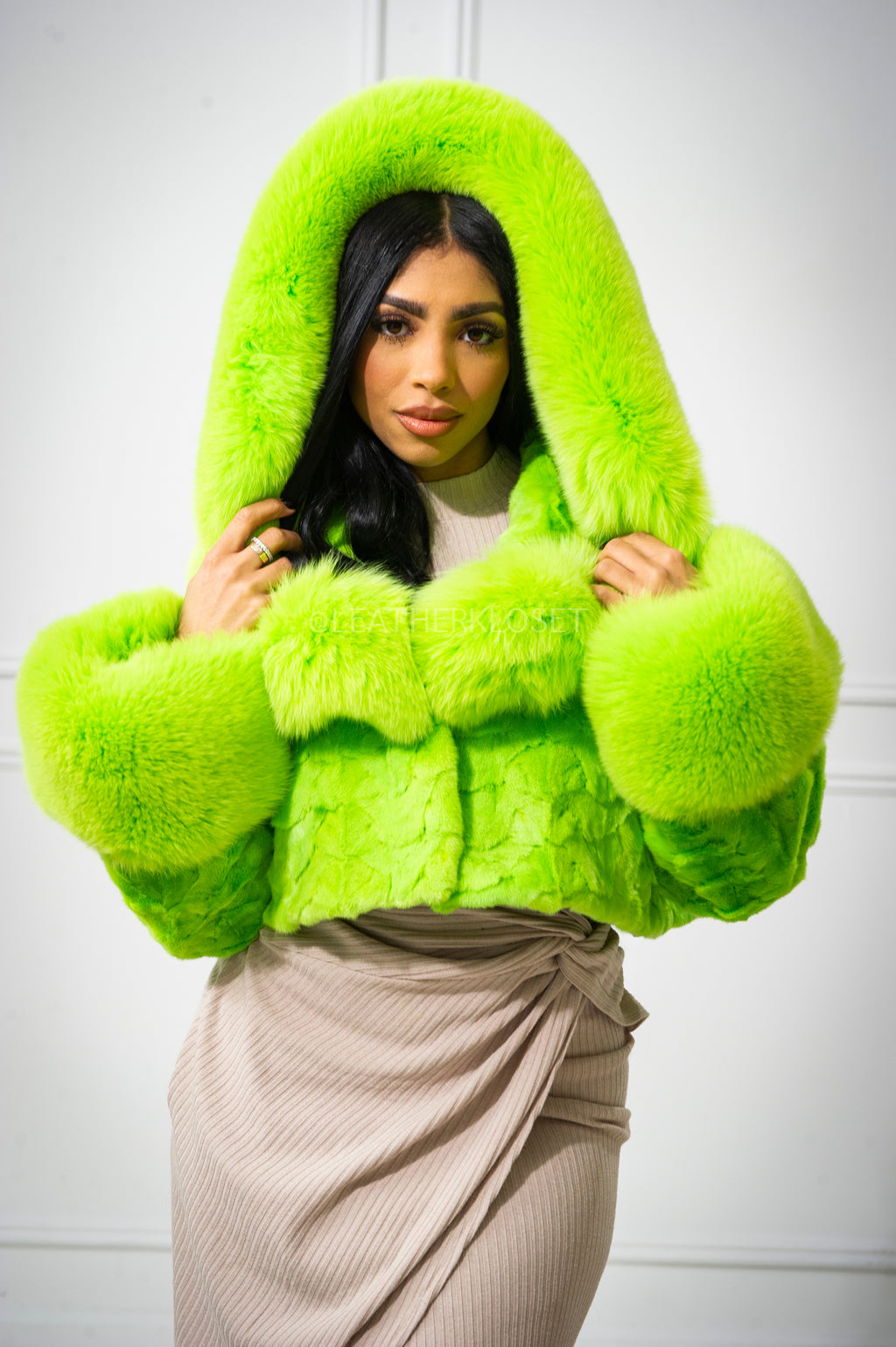 Women's Cropped Mink Fur Bomber with Fox Fur Hood — Lime Green
