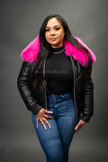 Women's V-Bomber Black Premium Fox Fur Collar [Pink Fox]