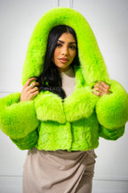 Women's Cropped Mink Fur Bomber with Fox Fur Hood — Lime Green