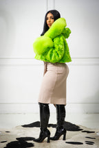Women's Cropped Mink Fur Bomber with Fox Fur Hood — Lime Green