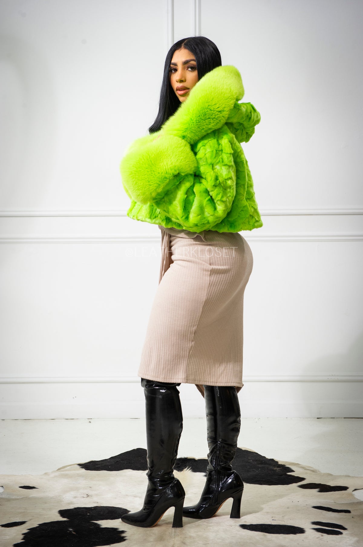 Women's Cropped Mink Fur Bomber with Fox Fur Hood — Lime Green