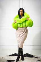 Women's Cropped Mink Fur Bomber with Fox Fur Hood — Lime Green