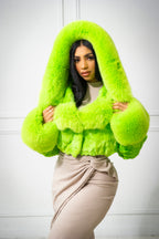 Women's Cropped Mink Fur Bomber with Fox Fur Hood — Lime Green