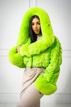 Women's Cropped Mink Fur Bomber with Fox Fur Hood — Lime Green