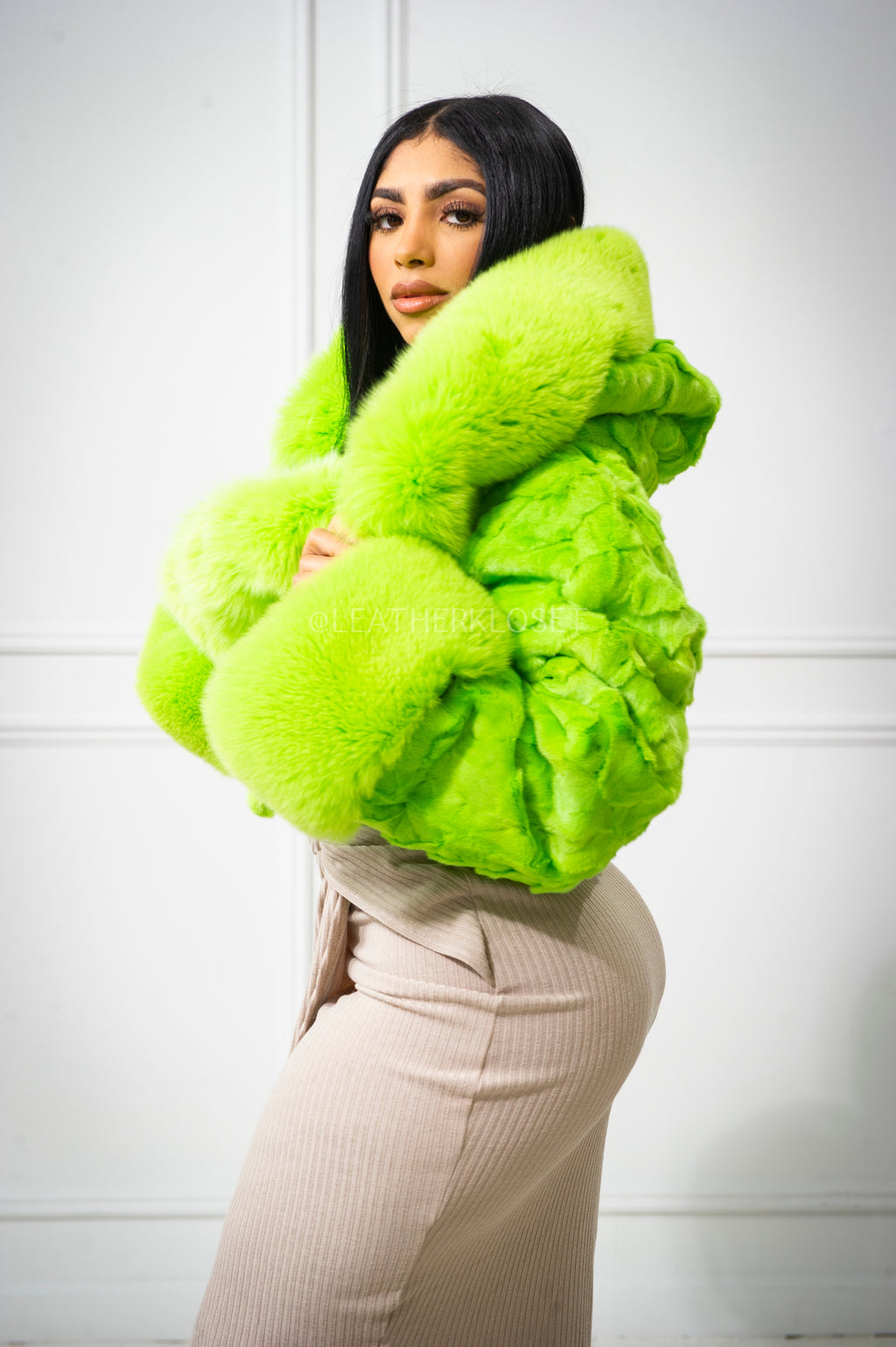 Women's Cropped Mink Fur Bomber with Fox Fur Hood — Lime Green