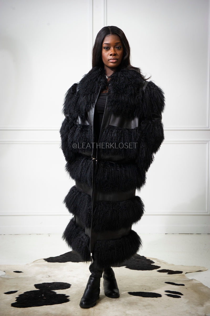 Women's Leather And Mongolian Lamb Fur Convertible Coat [Black]