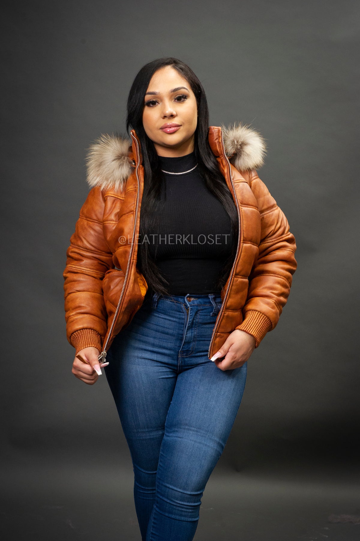 Women's Leather Snorkel Bomber Jacket [Caramel Crunch]