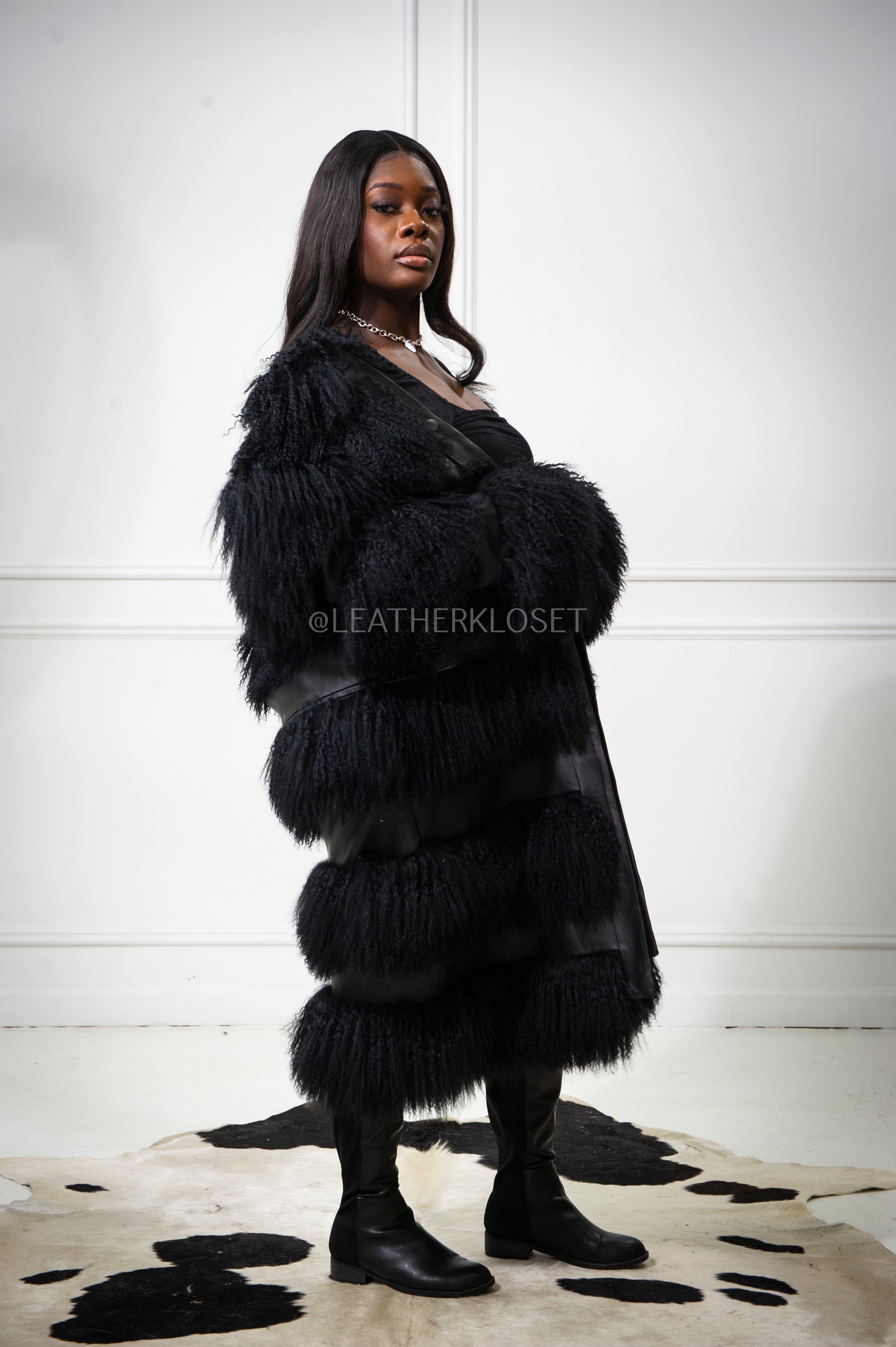 Women's Leather And Mongolian Lamb Fur Convertible Coat [Black