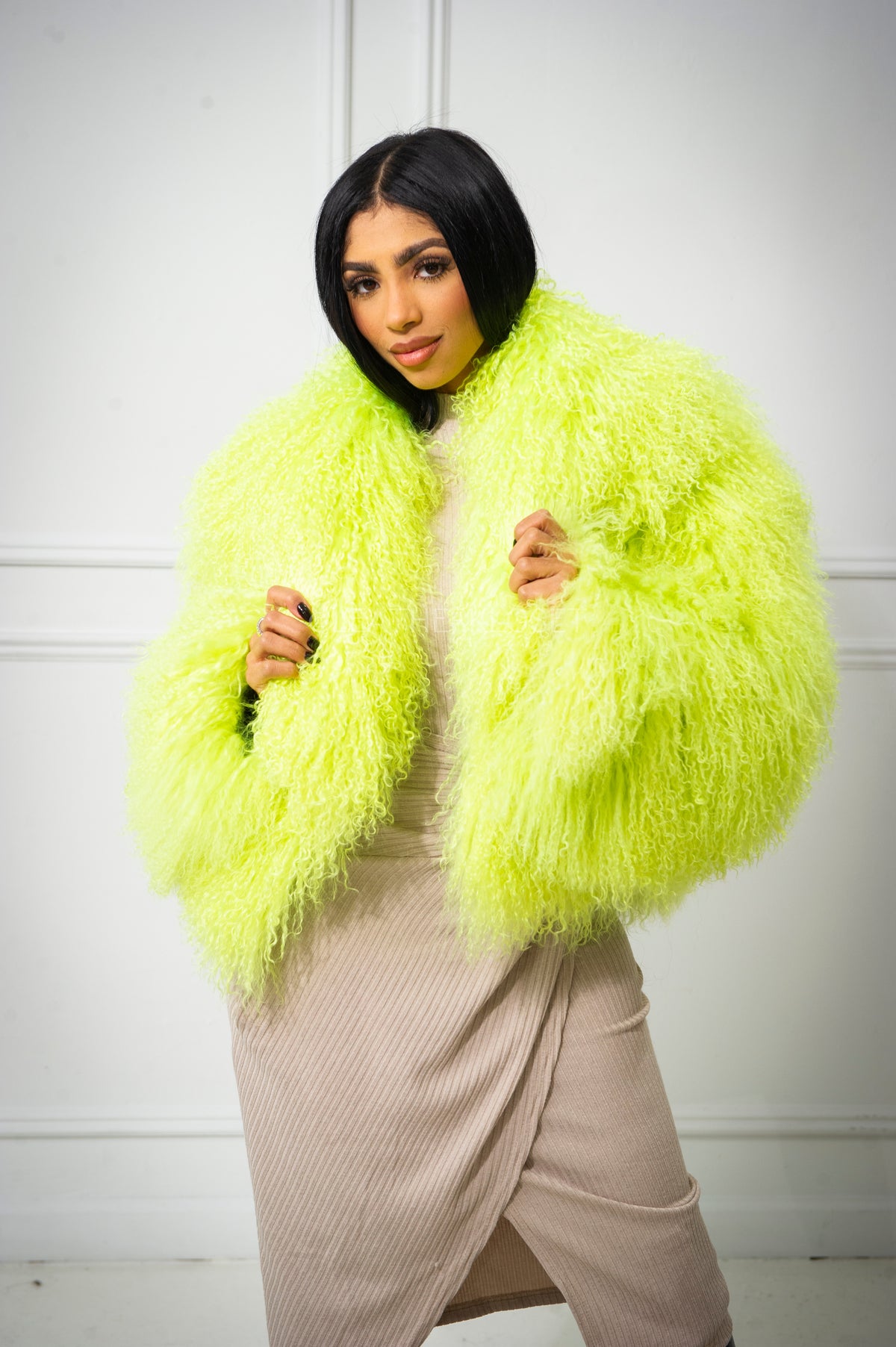Women's Celia Mongolian Fur Jacket [Lime Green]