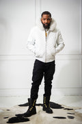 Men's Lucas Quilted Leather Bomber Jacket Hood [White]