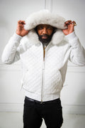 Men's Lucas Quilted Leather Bomber Jacket Hood [White]