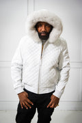 Men's Lucas Quilted Leather Bomber Jacket Hood [White]