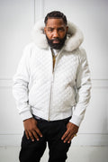 Men's Lucas Quilted Leather Bomber Jacket Hood [White]