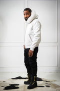 Men's Lucas Quilted Leather Bomber Jacket Hood [White]