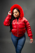 Women's Leather Snorkel Bomber Jacket [Red]