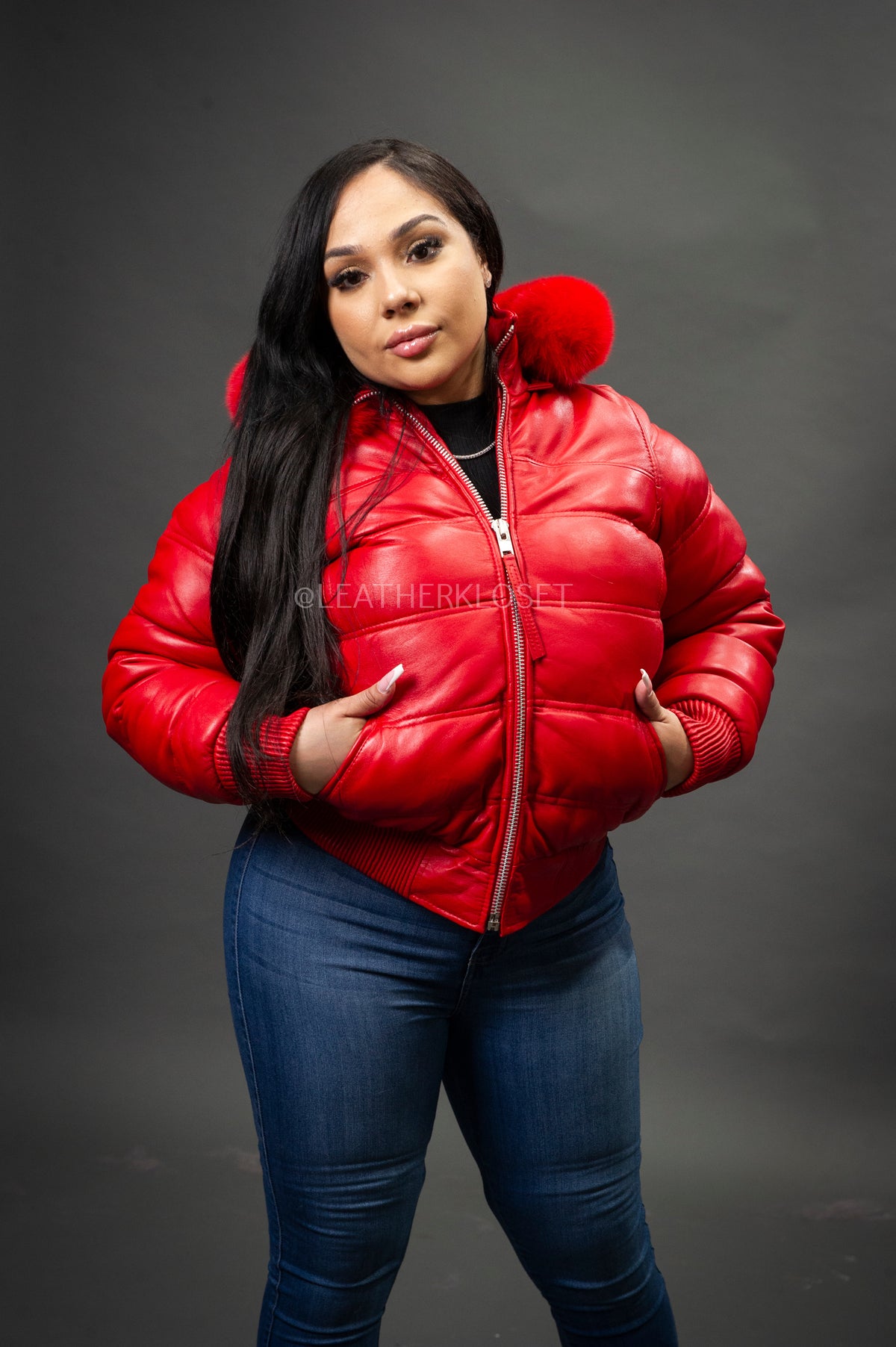 Women's Leather Snorkel Bomber Jacket [Red]