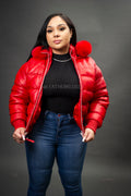 Women's Leather Snorkel Bomber Jacket [Red]