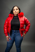 Women's Leather Snorkel Bomber Jacket [Red]