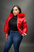 Women's Leather Snorkel Bomber Jacket [Red]