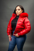 Women's Leather Snorkel Bomber Jacket [Red]