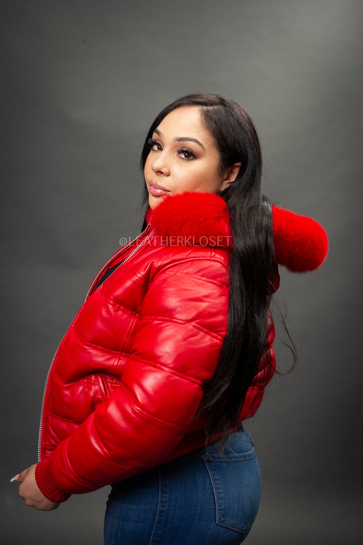 Women's Leather Snorkel Bomber Jacket [Red]