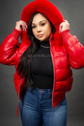 Women's Leather Snorkel Bomber Jacket [Red]