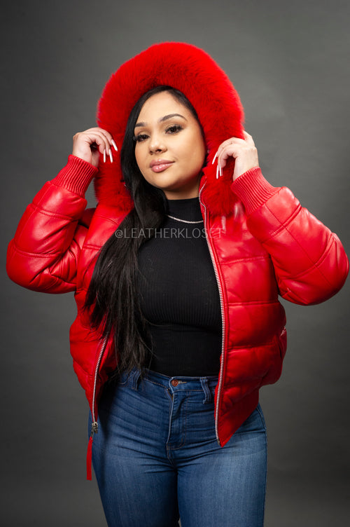 Women's Leather Snorkel Bomber Jacket [Red]