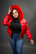 Women's Leather Snorkel Bomber Jacket [Red]