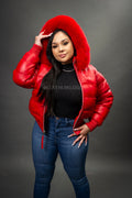 Women's Leather Snorkel Bomber Jacket [Red]