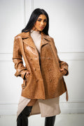 Women's Croc Embossed Double Breast Coat [Tan]