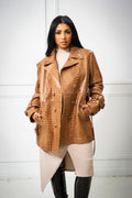 Women's Croc Embossed Double Breast Coat [Tan]