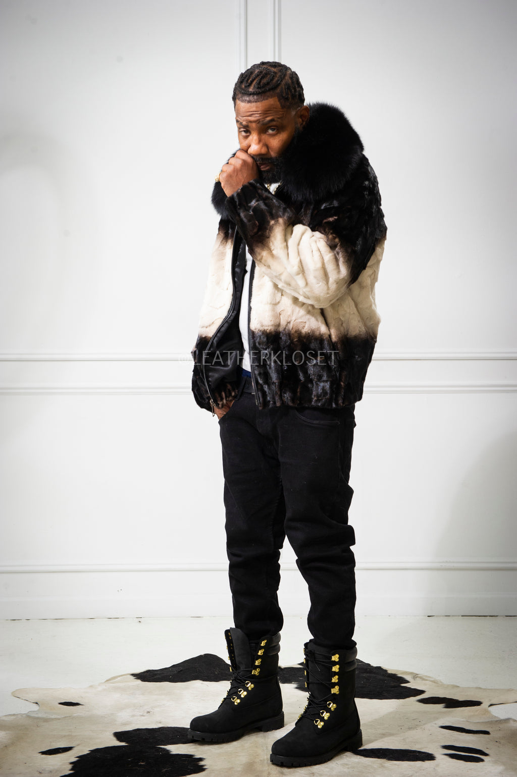 Men's Panda Mink Bomber Jacket [Black/White]