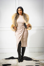 Women's Jade Cropped Leather And Fox Combo Jacket [Tan/Gold]