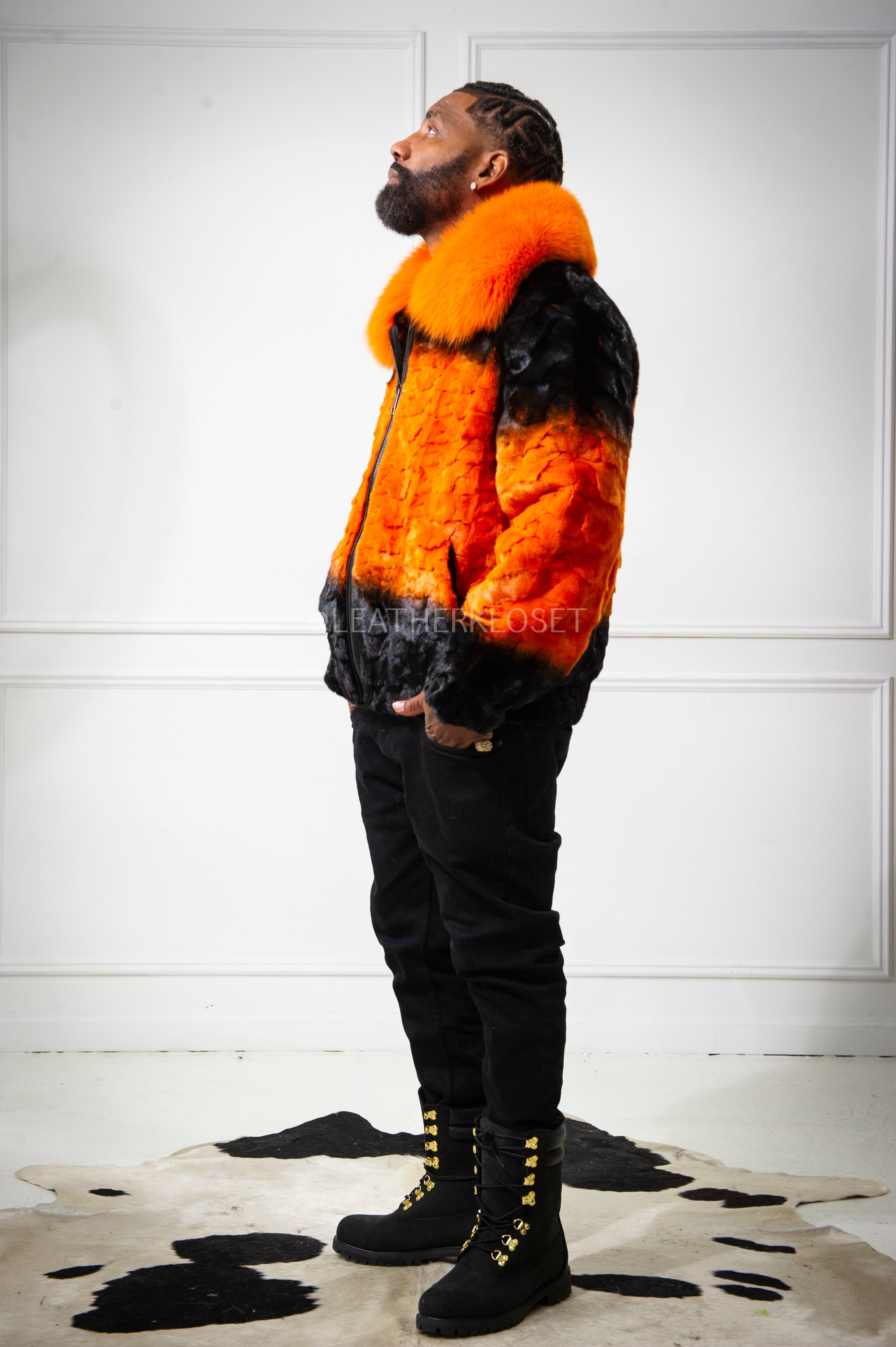 ジャケット・アウター Puffins shop Men's The Great Pumpkin Mink Bomber Jacket [Orange/Black