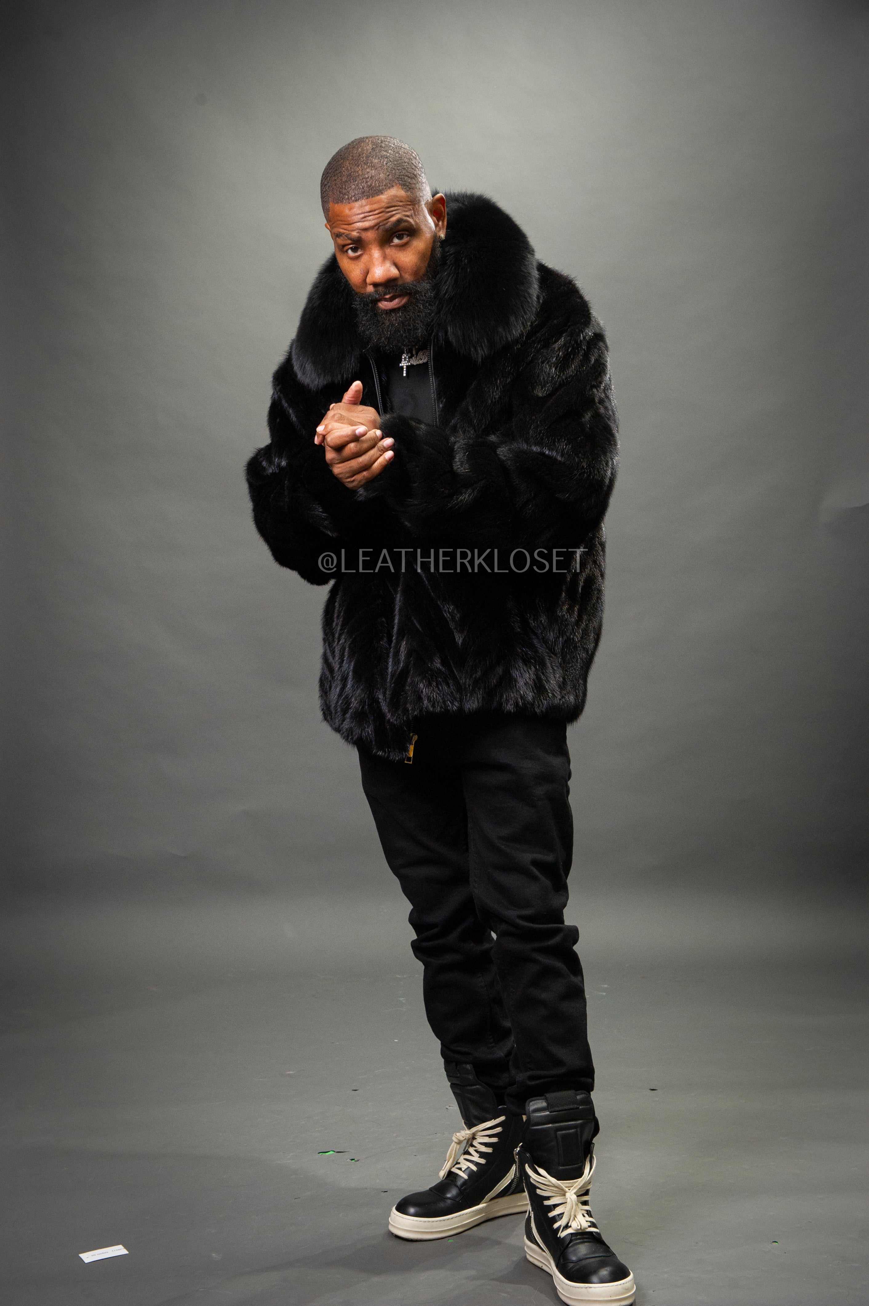 Men's Mink Bomber Jacket Herringbone [Black] – LeatherKloset