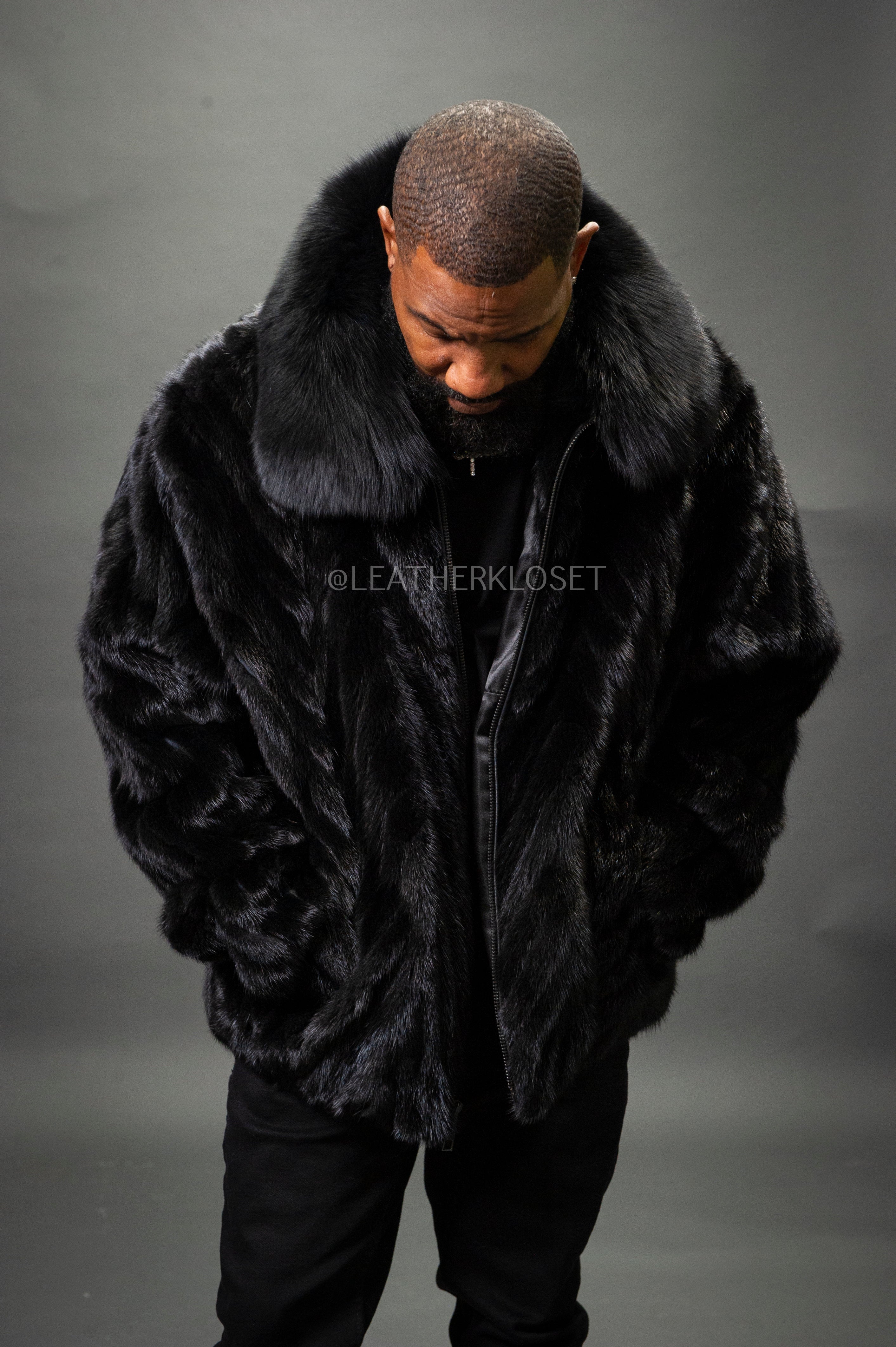 Men's Mink Bomber Jacket Herringbone [Black] – LeatherKloset