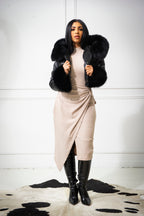 Women's Emery Crop Croco Leather Bomber With Fox Hood [Black]