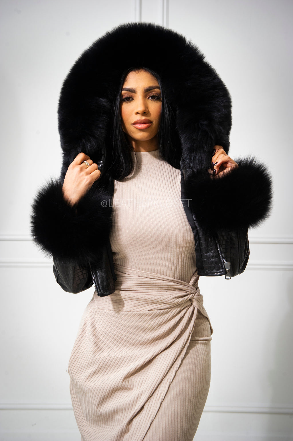 Women's Emery Crop Croco Leather Bomber With Fox Hood [Black]