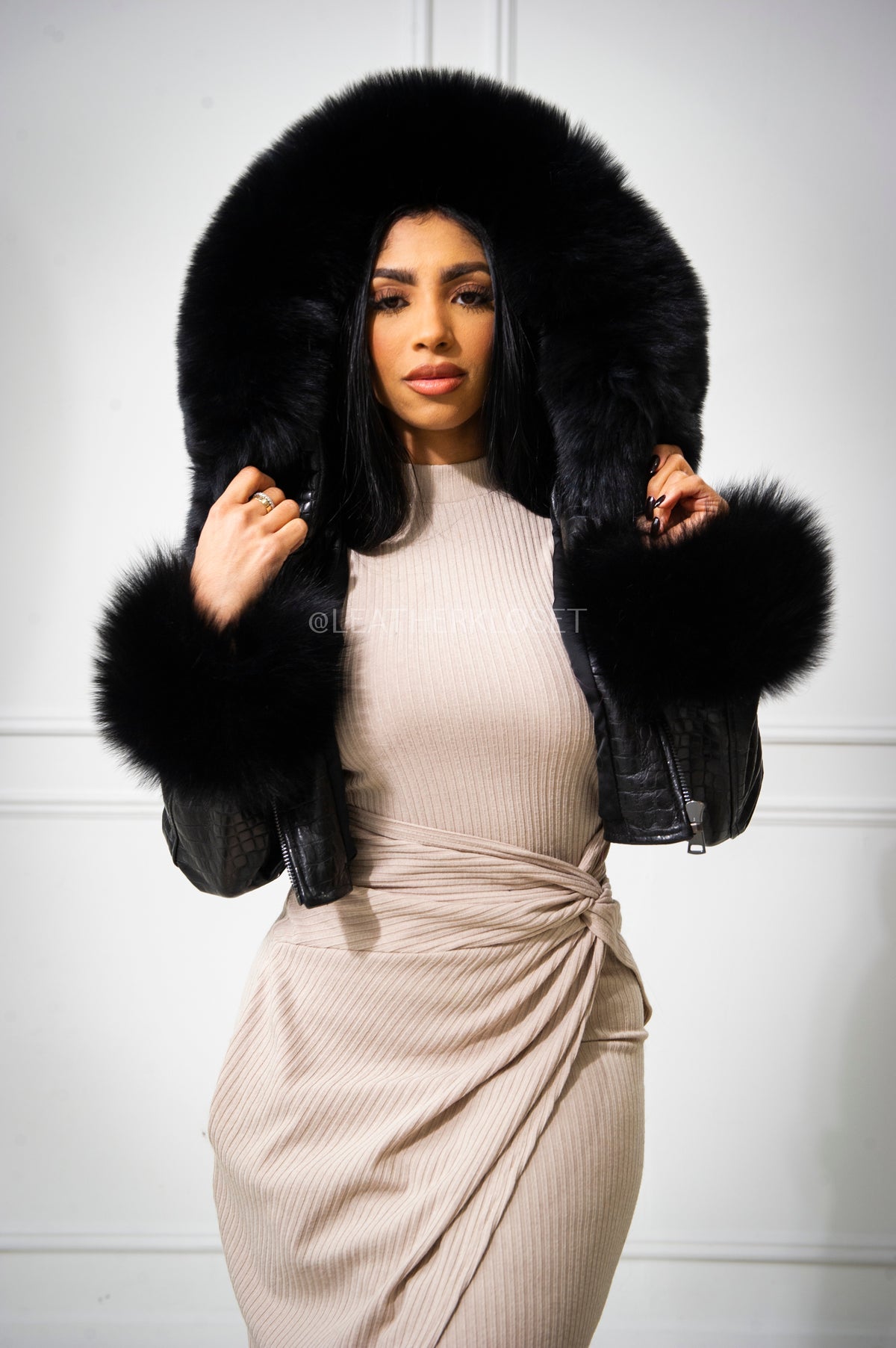 Women's Emery Crop Croco Leather Bomber With Fox Hood [Black]