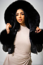 Women's Emery Crop Croco Leather Bomber With Fox Hood [Black]