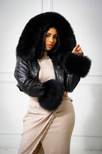 Women's Emery Crop Croco Leather Bomber With Fox Hood [Black]