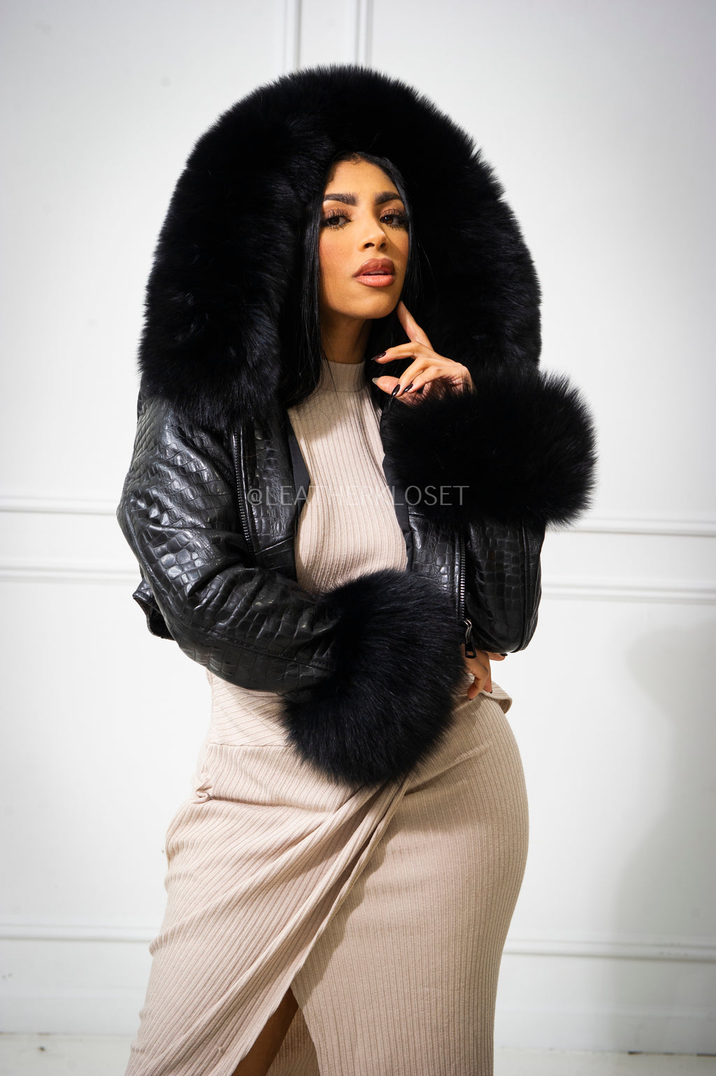 Women's Emery Crop Croco Leather Bomber With Fox Hood [Black]