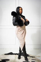 Women's Emery Crop Croco Leather Bomber With Fox Hood [Black]