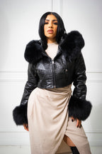 Women's Emery Crop Croco Leather Bomber With Fox Hood [Black]