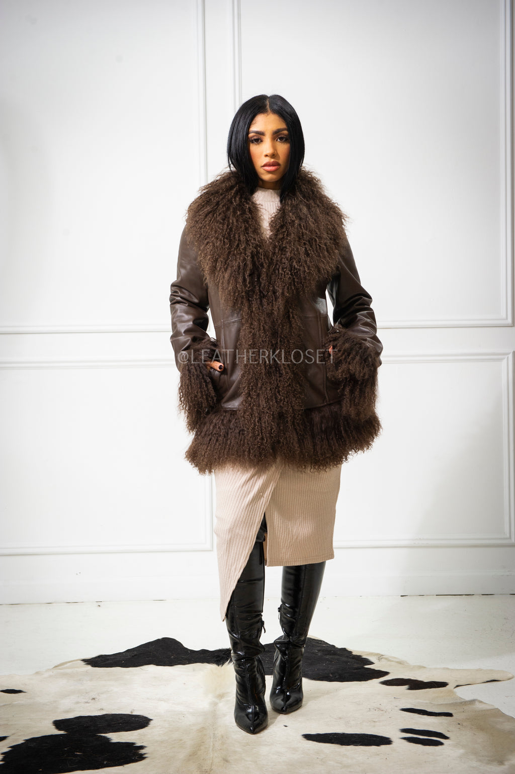 Women's Hazel Leather And Mongolian Fur [Chocolate/Chocolate]