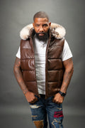 Men's Leather Bubble Vest With Fox Fur Hood