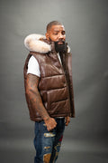 Men's Leather Bubble Vest With Fox Fur Hood
