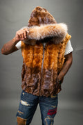 Men's Mink Bomber Vest With Fox Hood [Whiskey Brown]