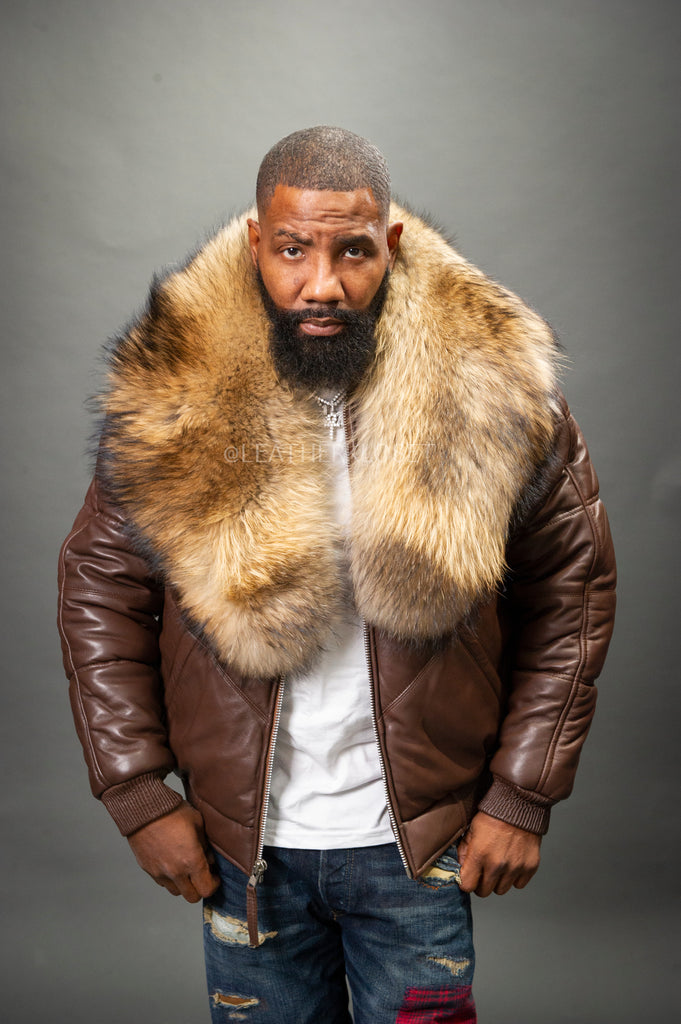 V-Bomber Leather Premium Full Raccoon Fur Collar [Chocolate