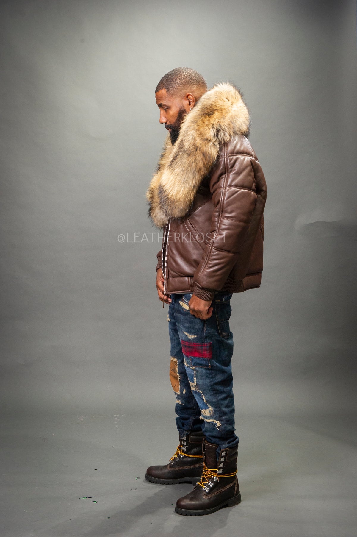 V-Bomber Leather Premium Full Raccoon Fur Collar [Chocolate]
